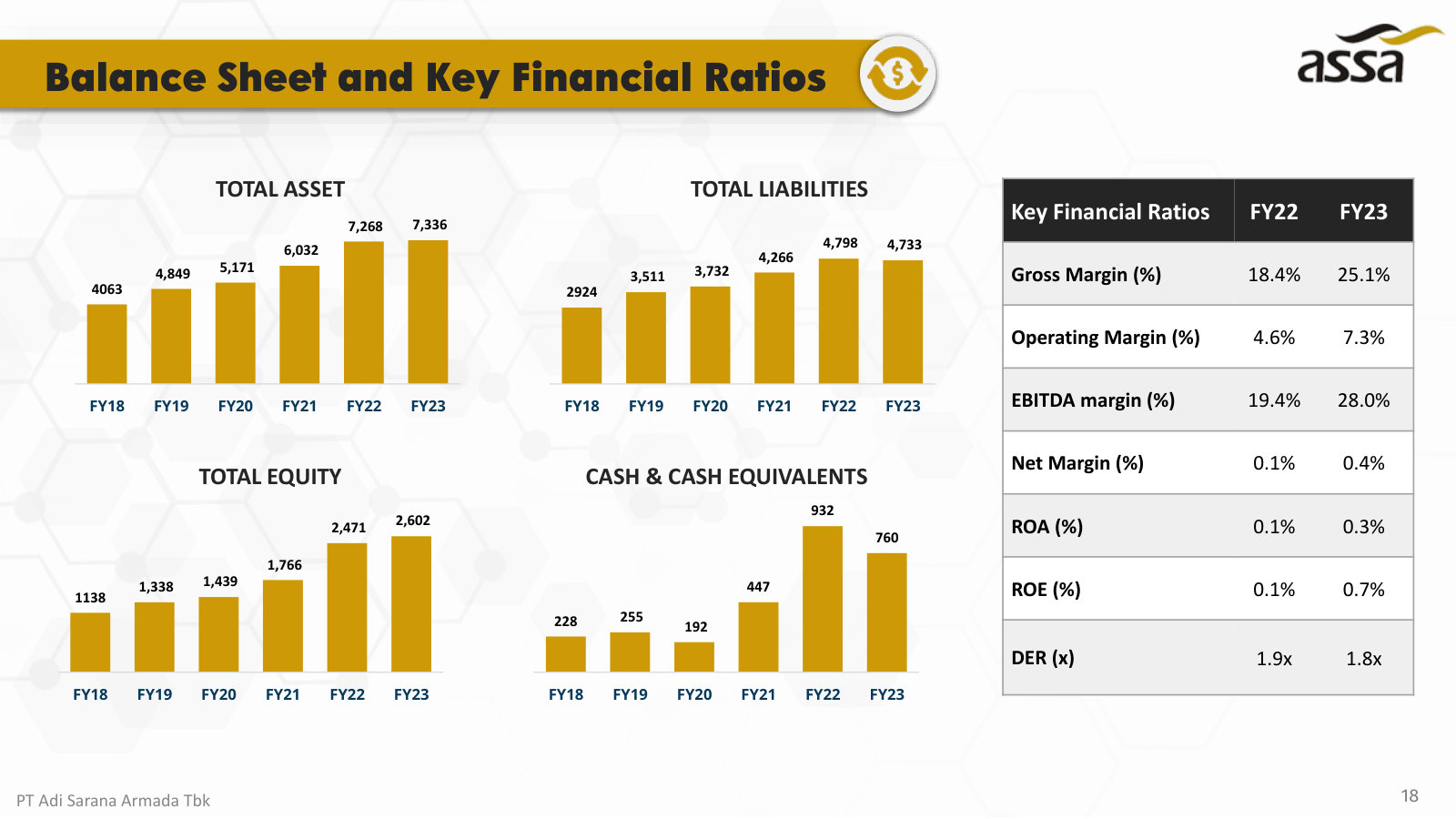 Balance sheet and key ratios: asset and equity growth, cash, and margins / returns / leverage for FY22–FY23.